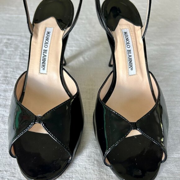 Manolo Blahnik Black Patent Slingback Heels Open Toe Peep Toe 38.5 / US 8.5 - Picture 2 of 9